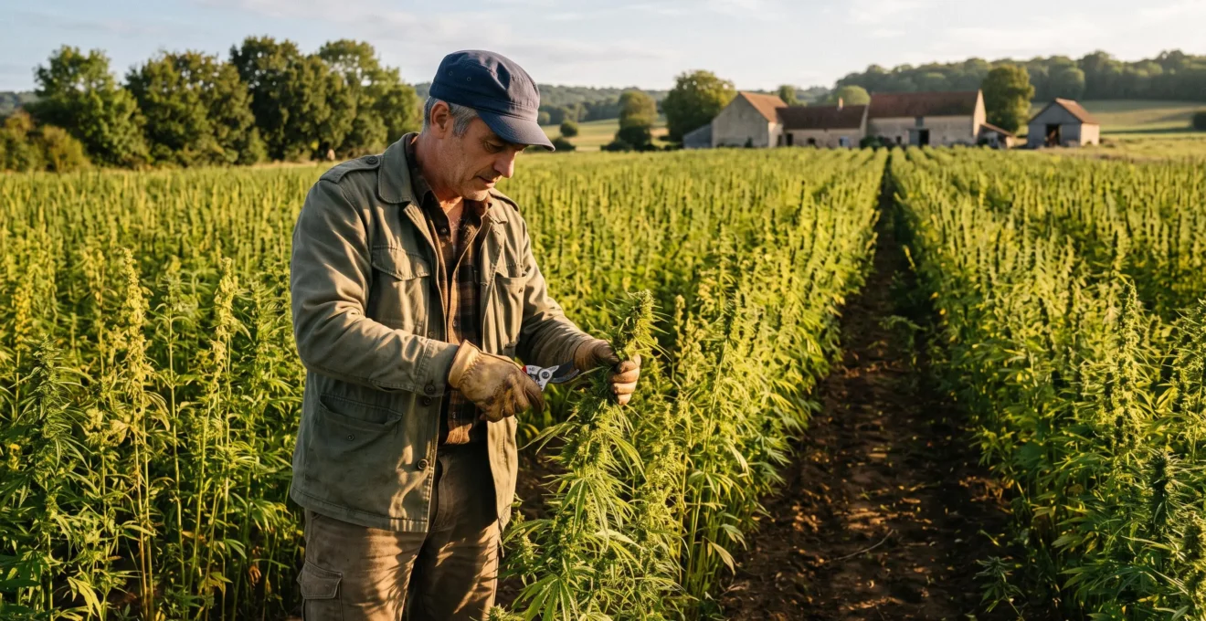 Un agriculteur coupant un plant de chanvre fleuri dans un champ de chanvre en France en fin de journée.