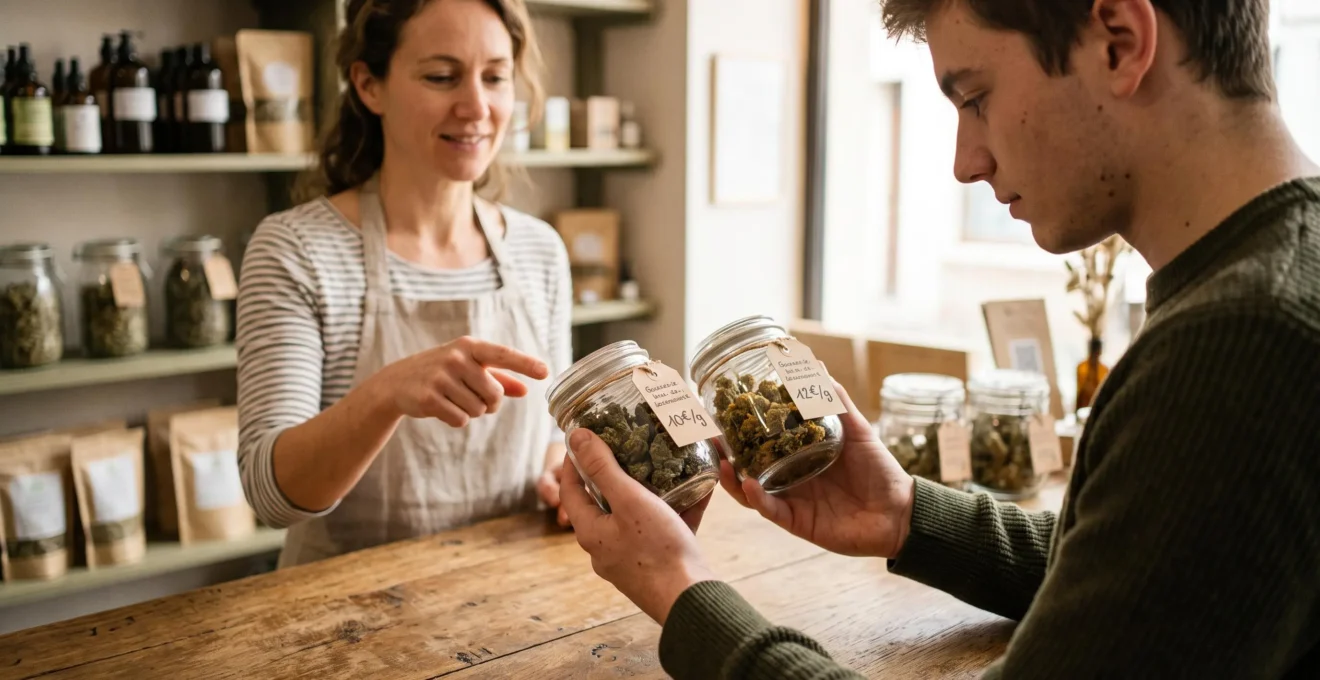 Mains d'un client comparant deux contenants de fleurs de CBD avec étiquettes de prix dans une boutique spécialisée.