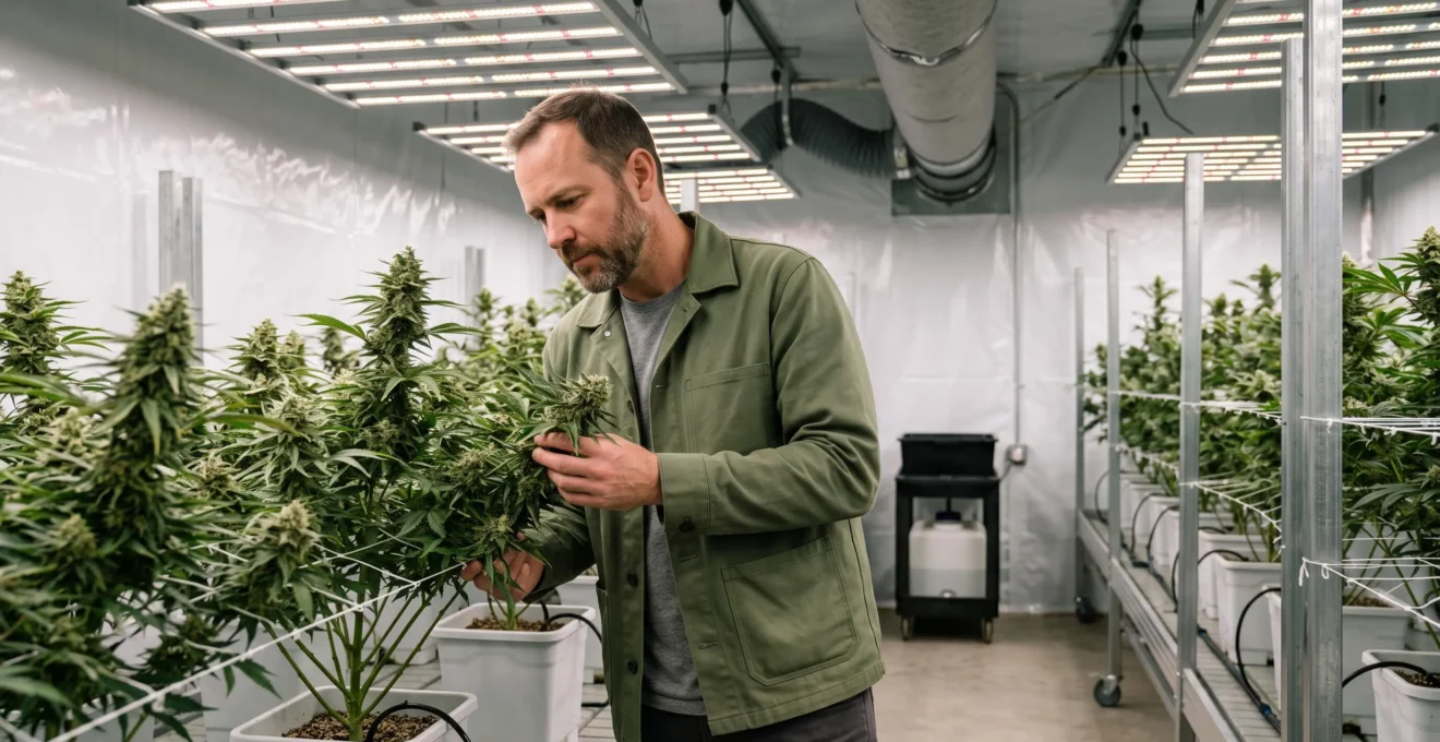 Un cultivateur inspectant des plants de chanvre fleuris sous des lampes LED dans une salle de culture indoor.